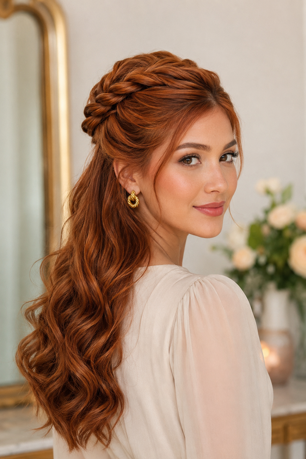 Relaxed half-up hairstyle paired with loose, tousled beach waves.
