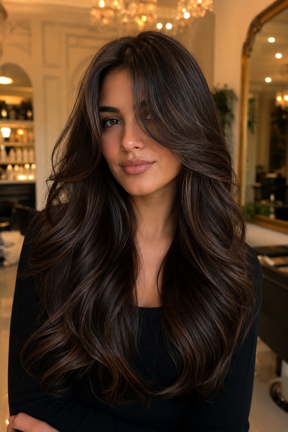 Rich brunette glam waves with curtain bangs.
