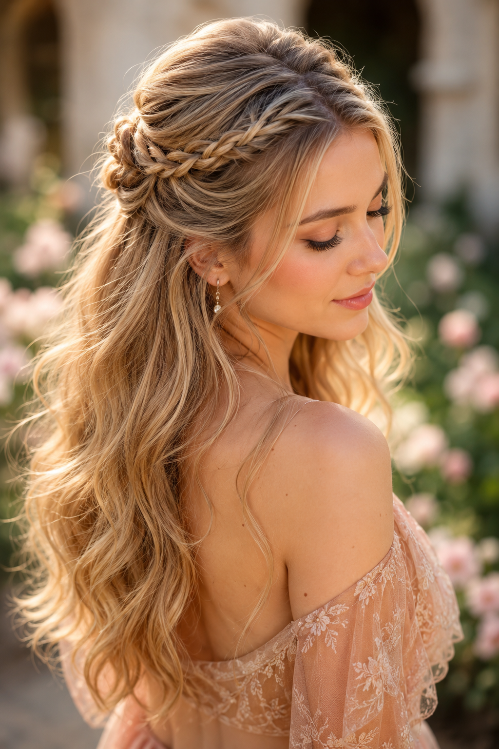 Romantic half-up hairstyle with braided sections and soft curls cascading down.