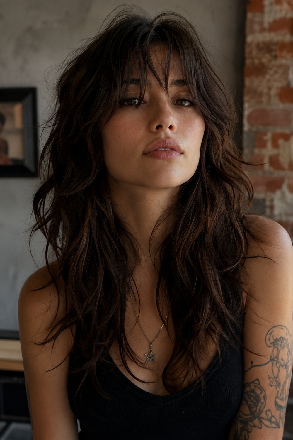 Romantic loose curls with curtain bangs on long hair.