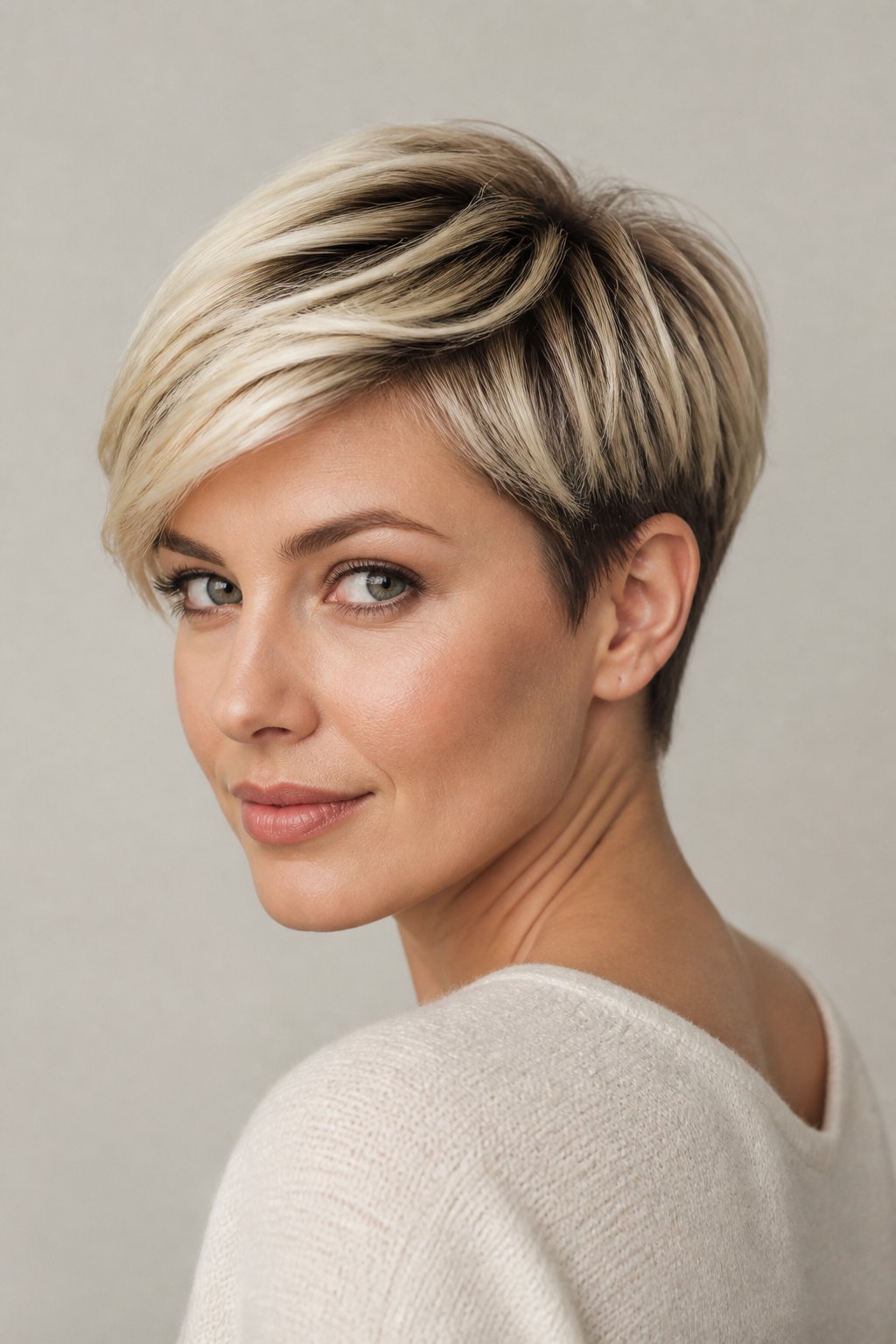 Rooted blonde pixie haircut with visible dark roots blending into lighter blonde lengths.