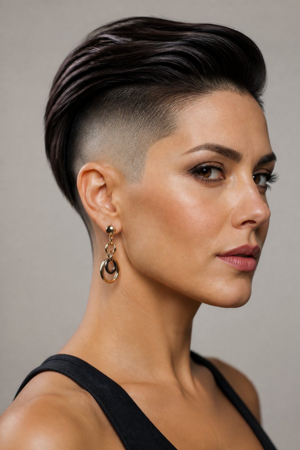 Shaved-side pixie haircut with closely shaved sides and noticeably longer hair through the crown and top.