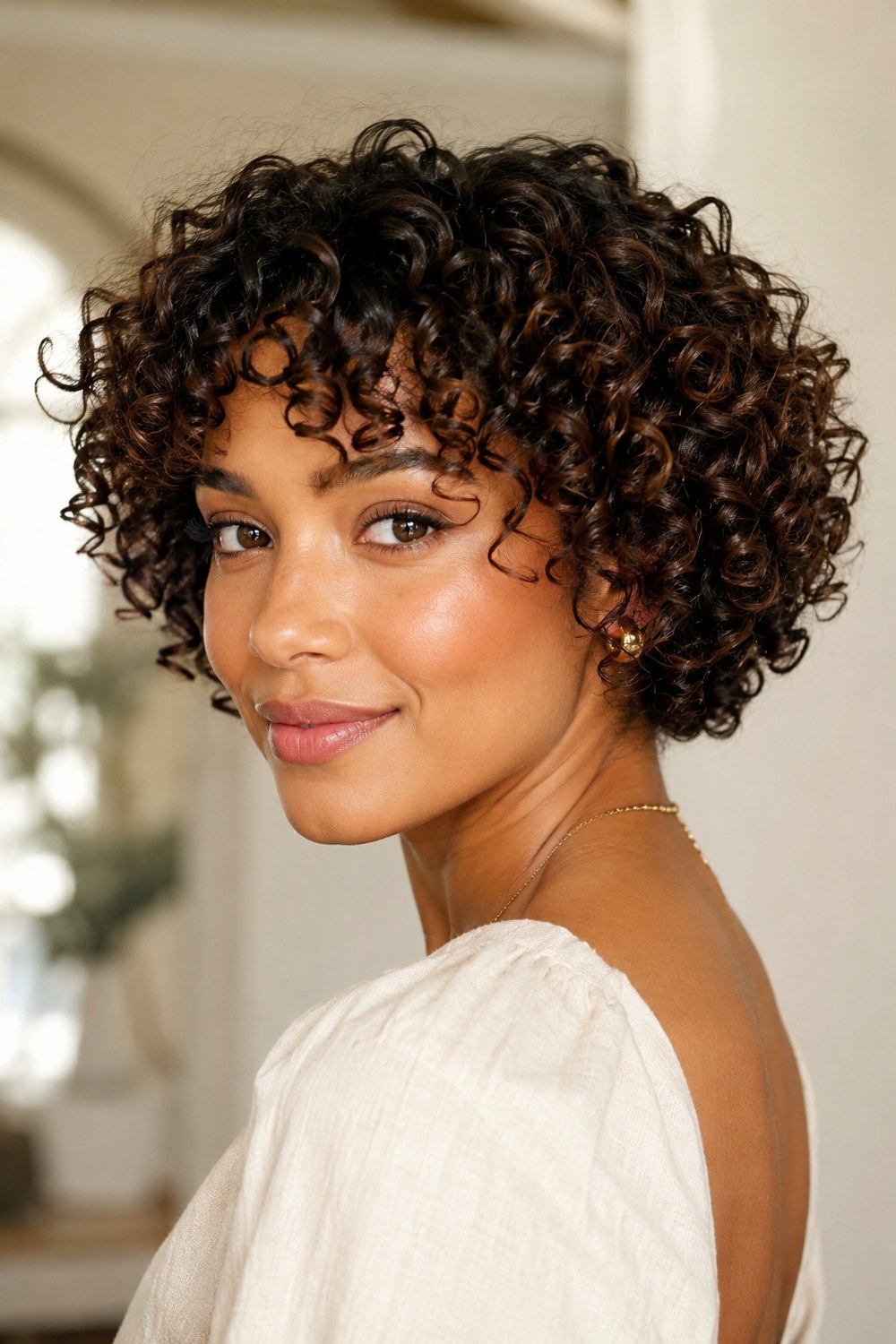 Short curly bob reaching around the ear and jaw, showing a softer length with defined natural curls.