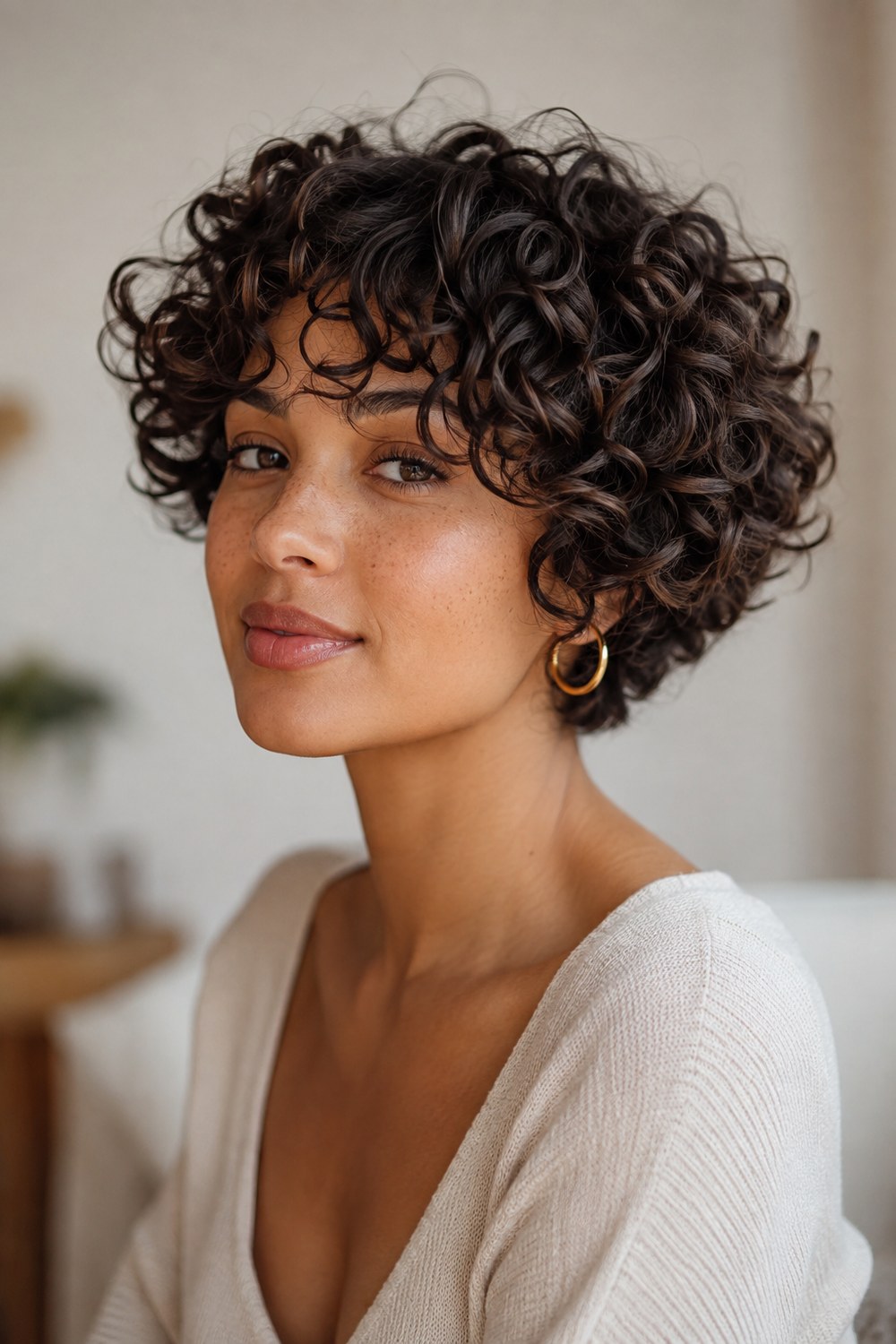 Short curly pixie bob with defined ringlets and rounded volume that preserves the natural curl pattern.