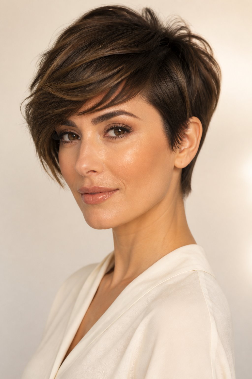 Side-swept pixie haircut with soft feathered layers brushed diagonally across the forehead.