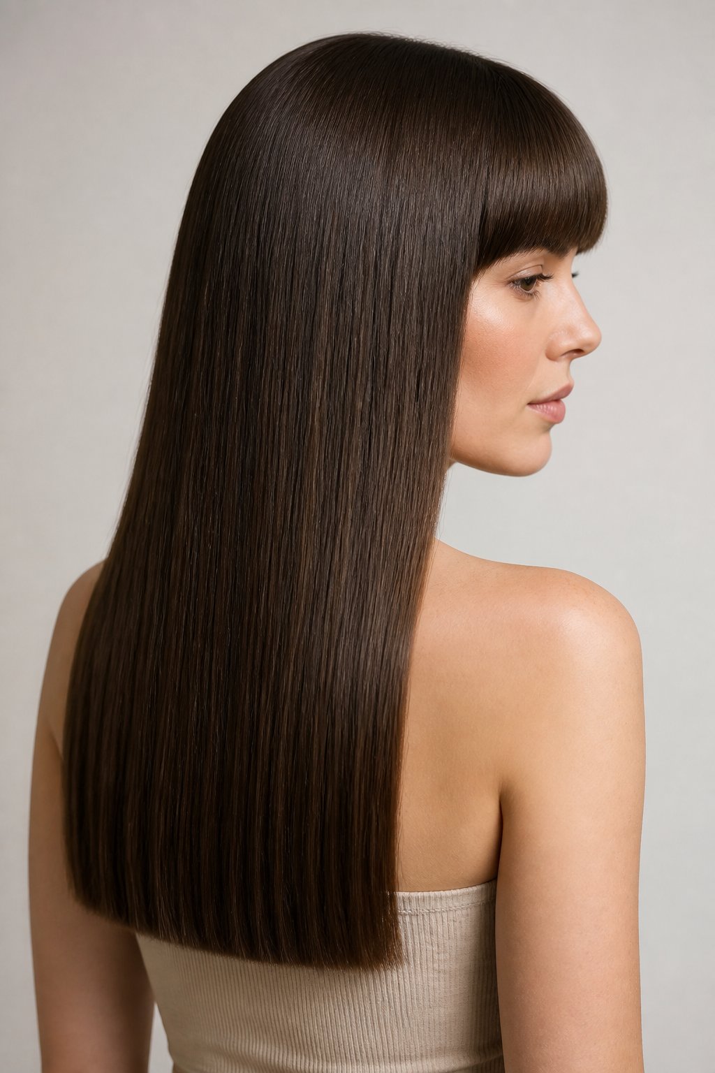 Side view of long, straight dark hair with a clean, solid one-length perimeter.