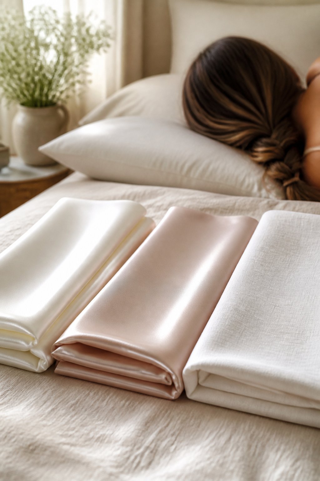 Silk, satin, and cotton pillowcases displayed for a nighttime hair-care comparison.