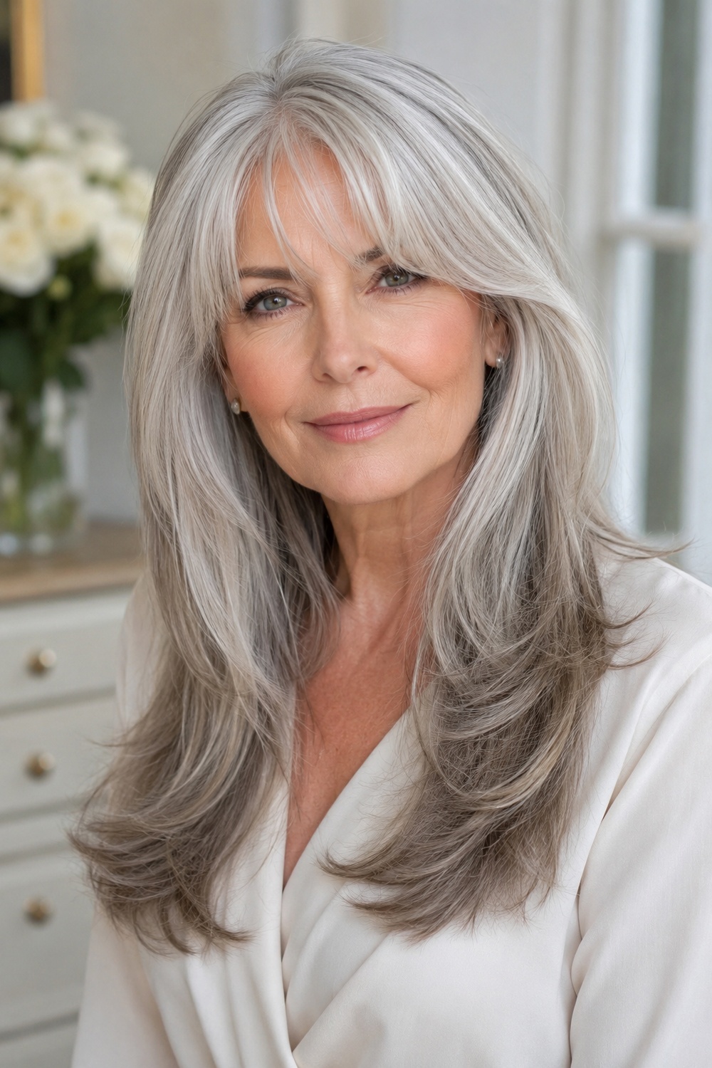 Silver long layered hair with curtain bangs.