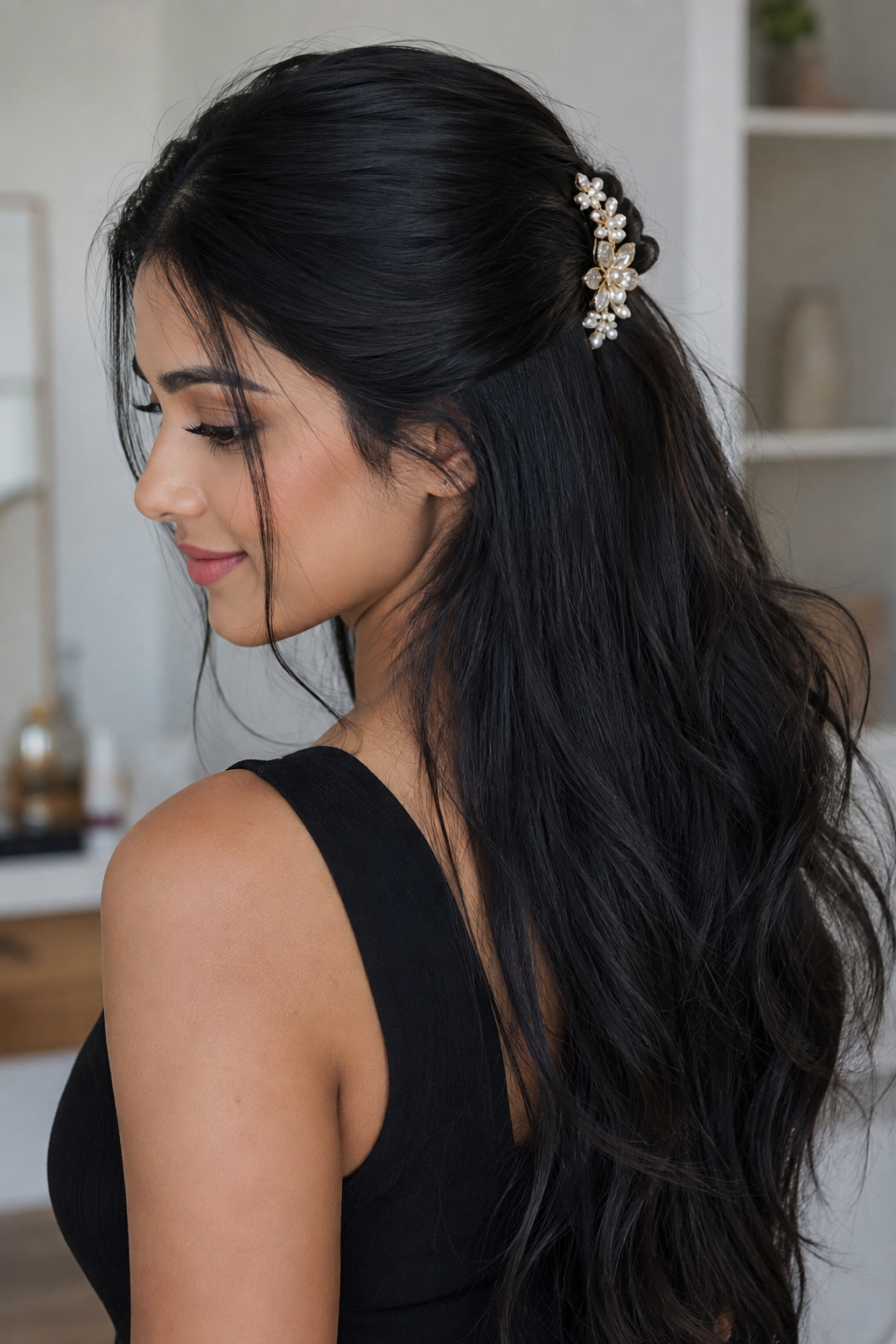 Simple half-up hairstyle secured with a decorative hair clip over long dark waves.