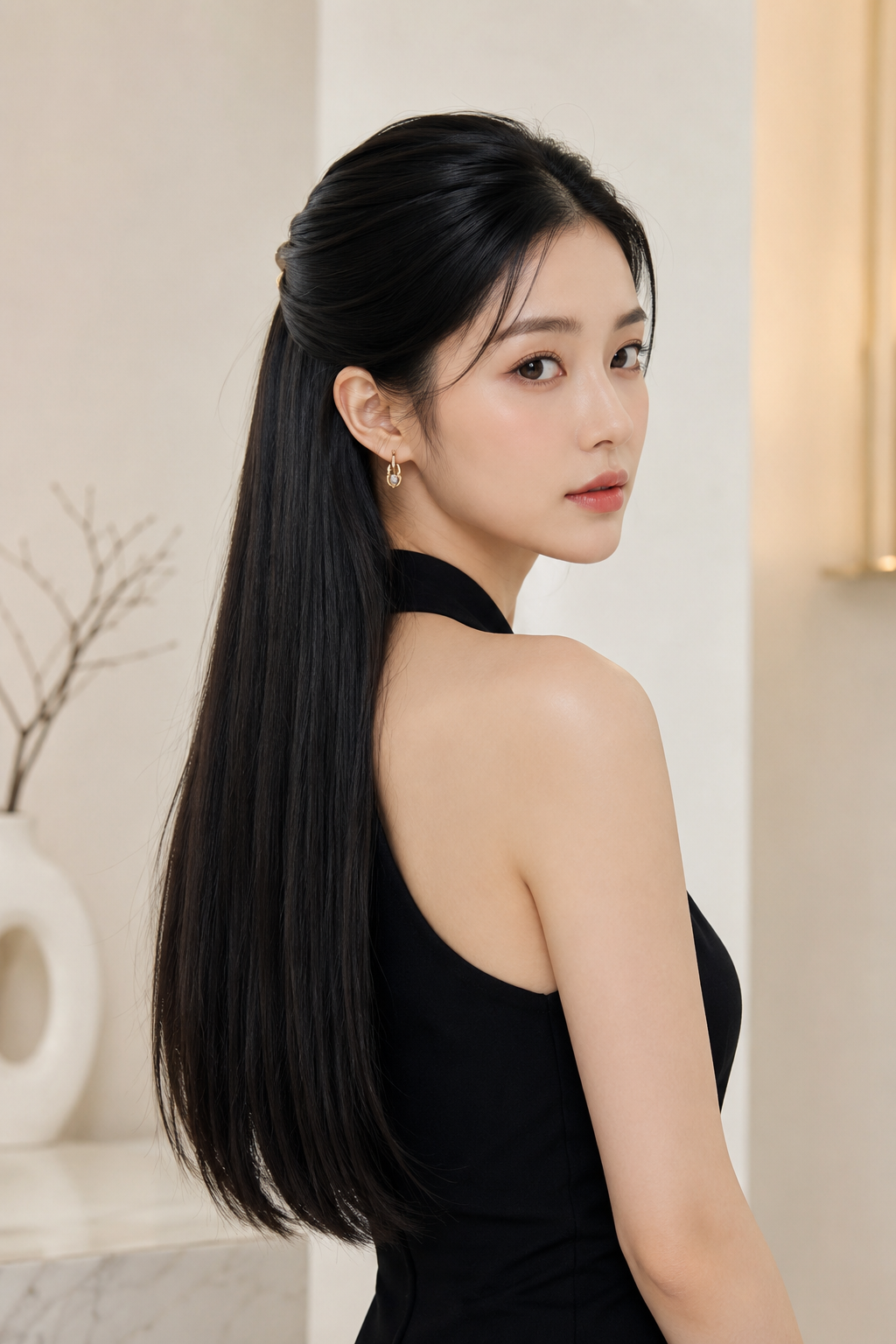 Sleek half-up hairstyle with straight, glossy hair and a neatly pulled-back crown.