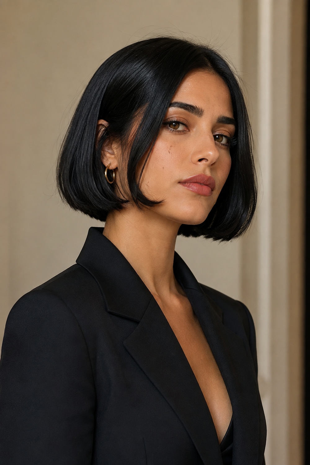Sleek Italian bob with a smooth glossy surface and clean full ends.