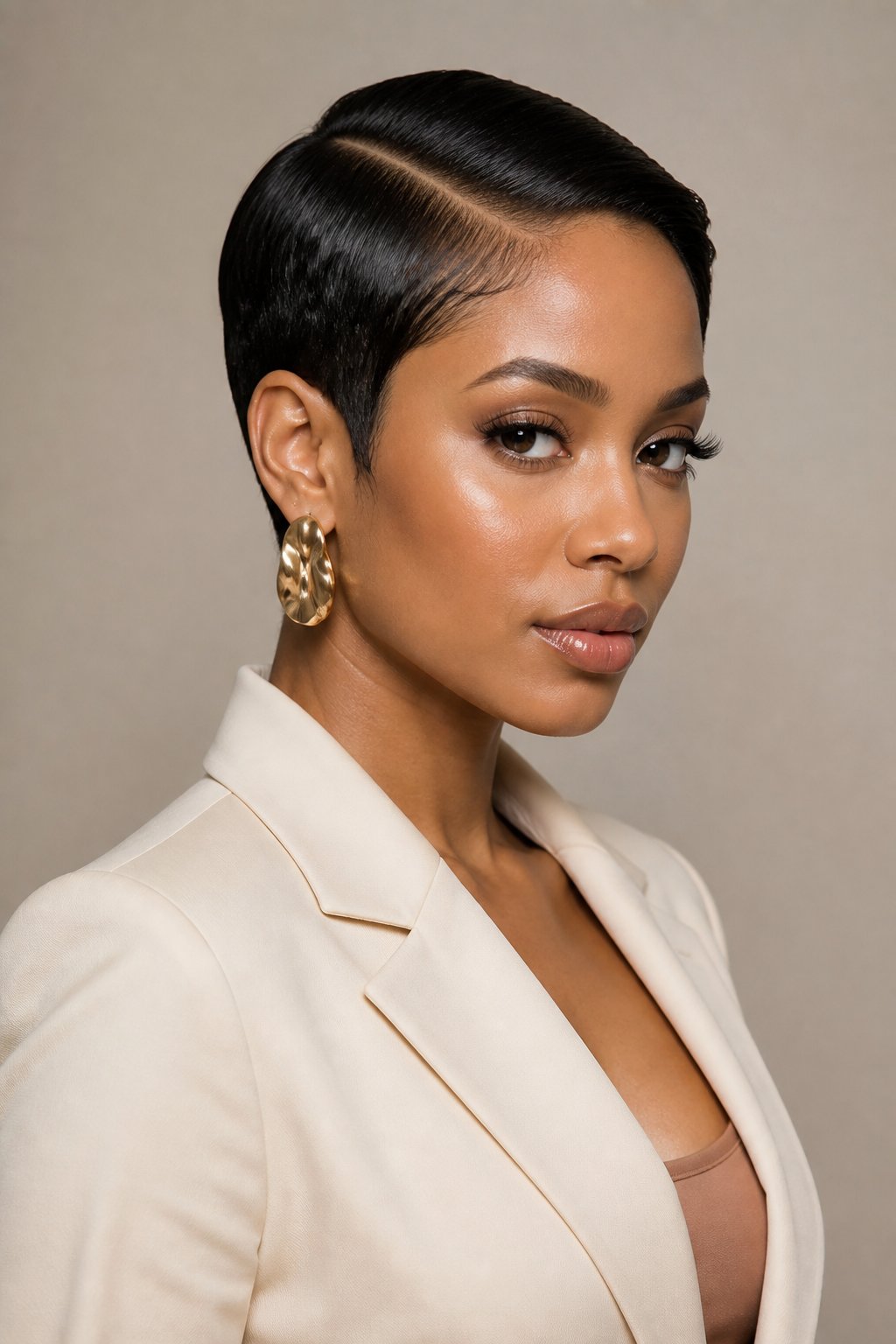Sleek side-part pixie haircut with a deep dramatic side part and glossy polished finish.