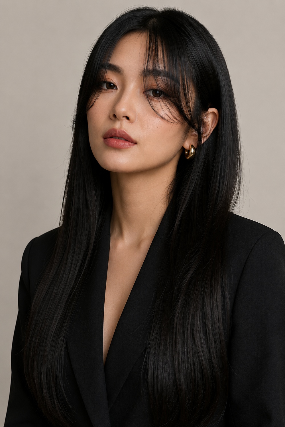 Sleek straight black long hair with subtle curtain bangs.