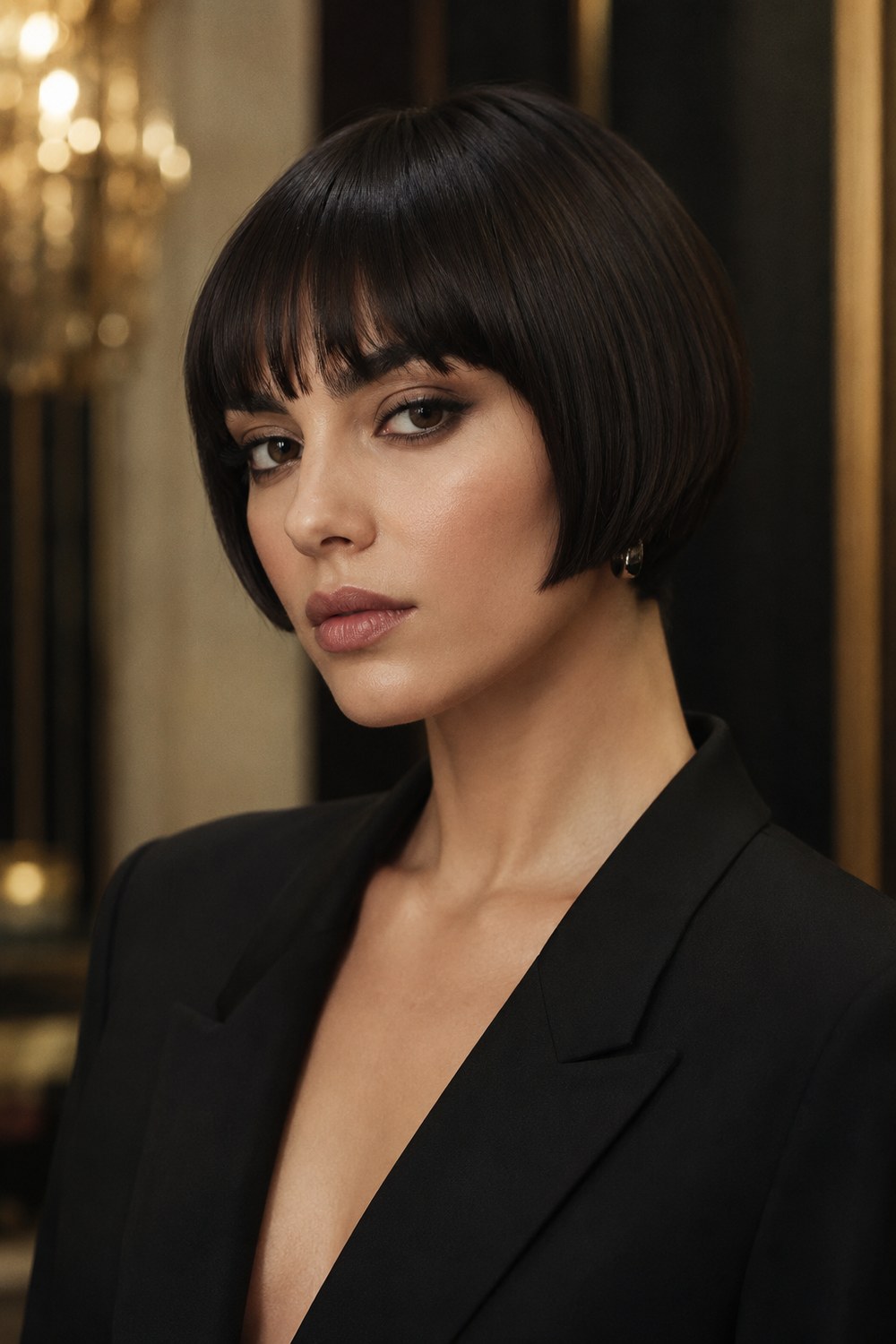 Sleek straight dark bob with a clean blunt perimeter and full fringe, showing a smooth structured finish.