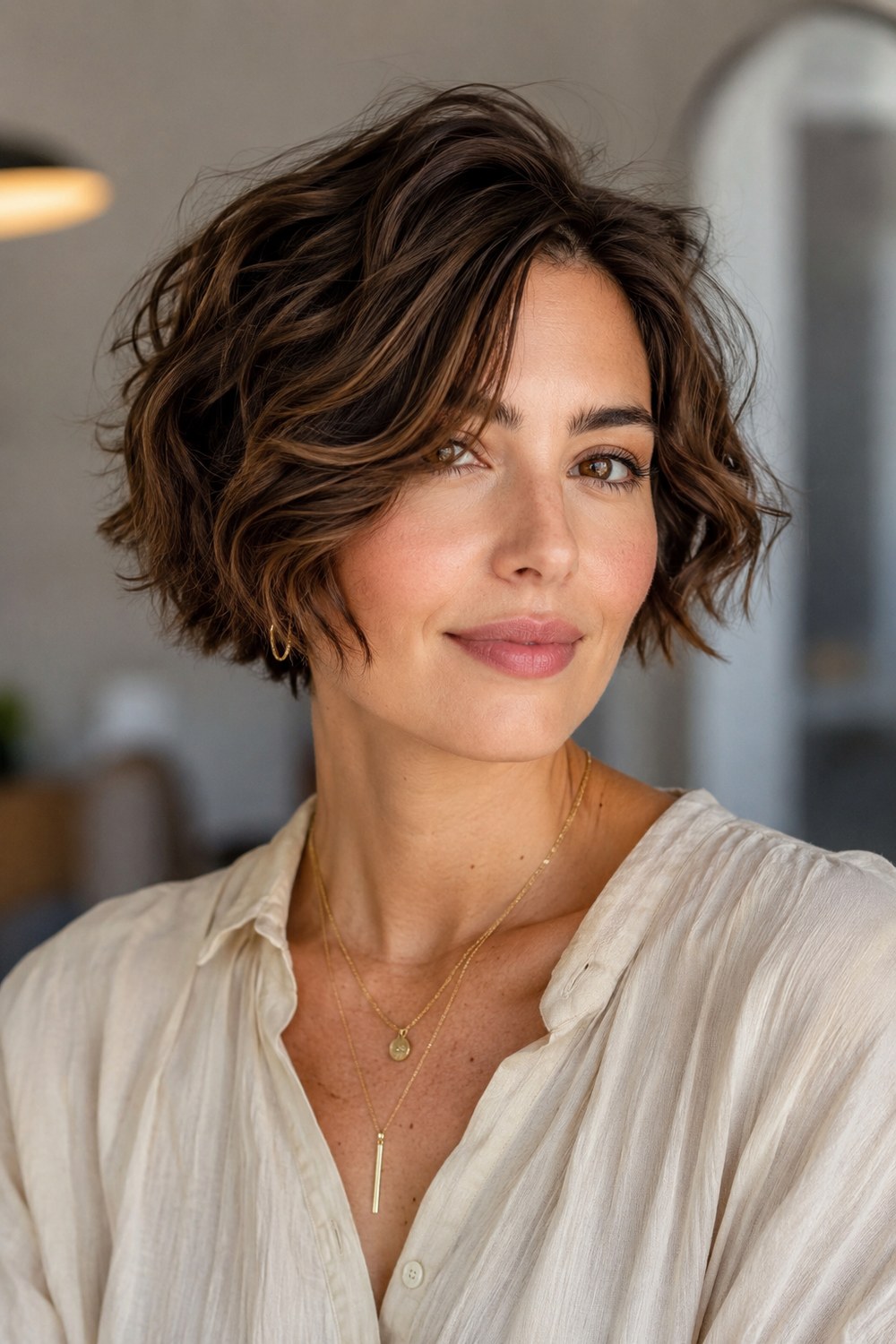 Soft layered French-inspired bob with loose waves, a jaw-length perimeter, natural part, and easy movement.