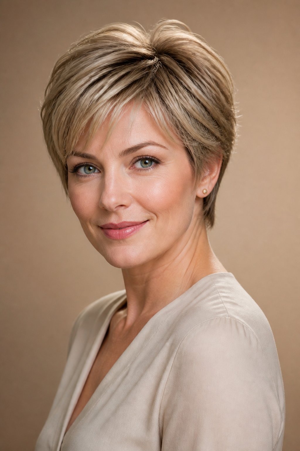 Soft pixie haircut with airy feathered layers, gentle root lift, and a light natural-looking finish.