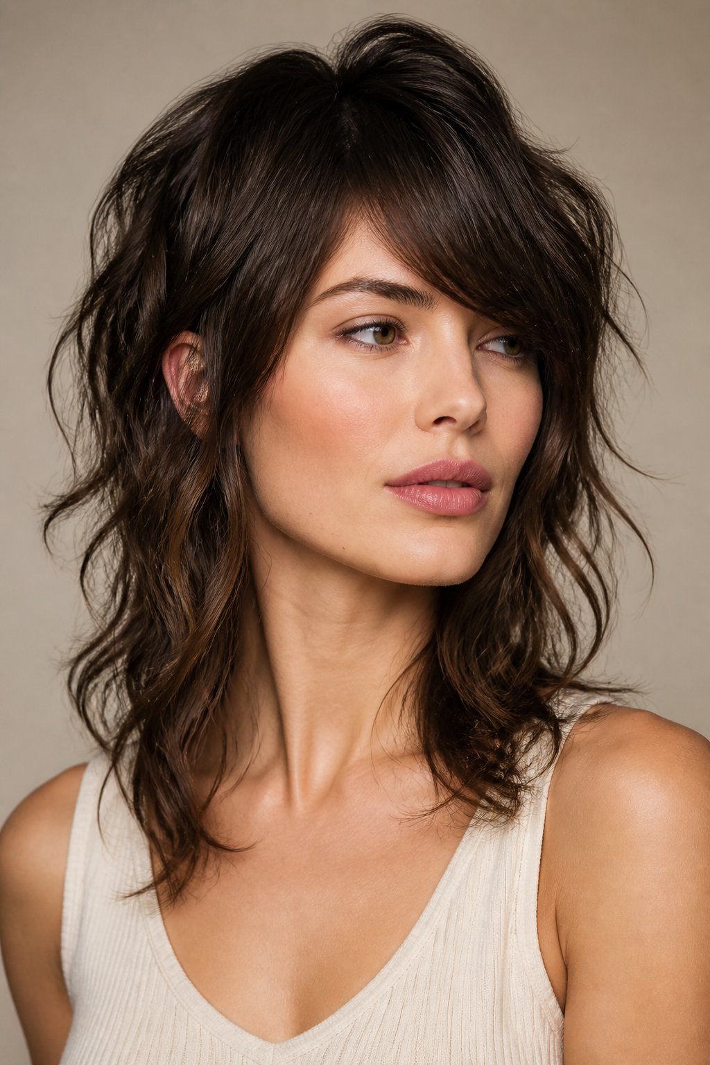 Soft wolf cut hairstyle example: Asymmetrical Wolf Cut With Long Fringe.
