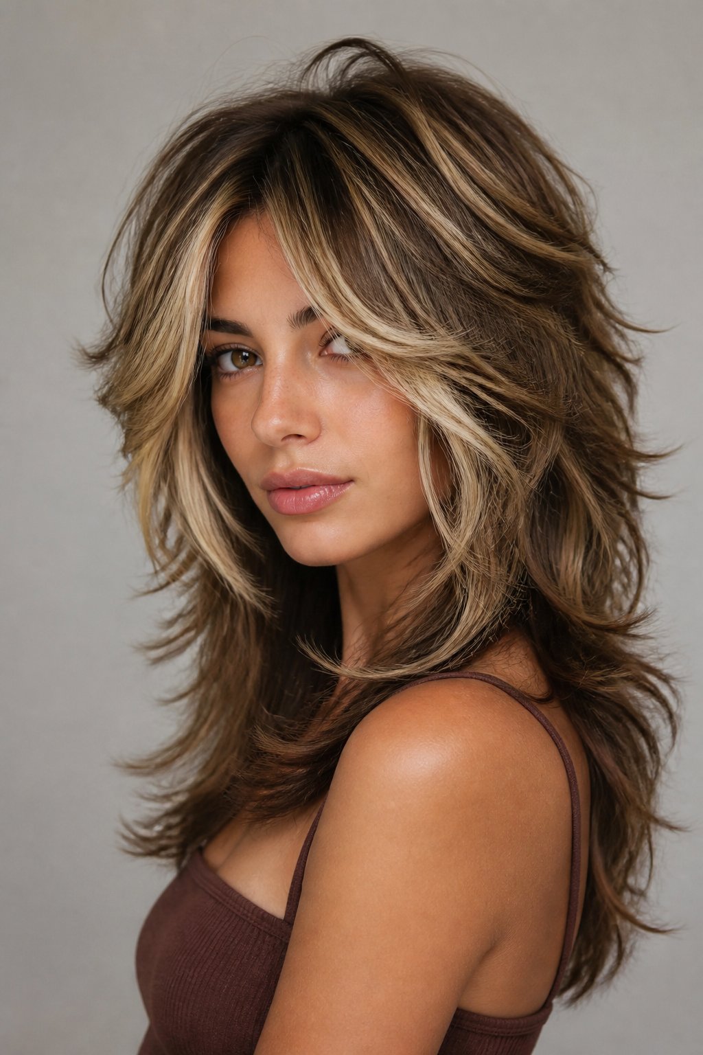 Soft wolf cut hairstyle example: Bold Highlights on a Shaggy Wolf Cut.