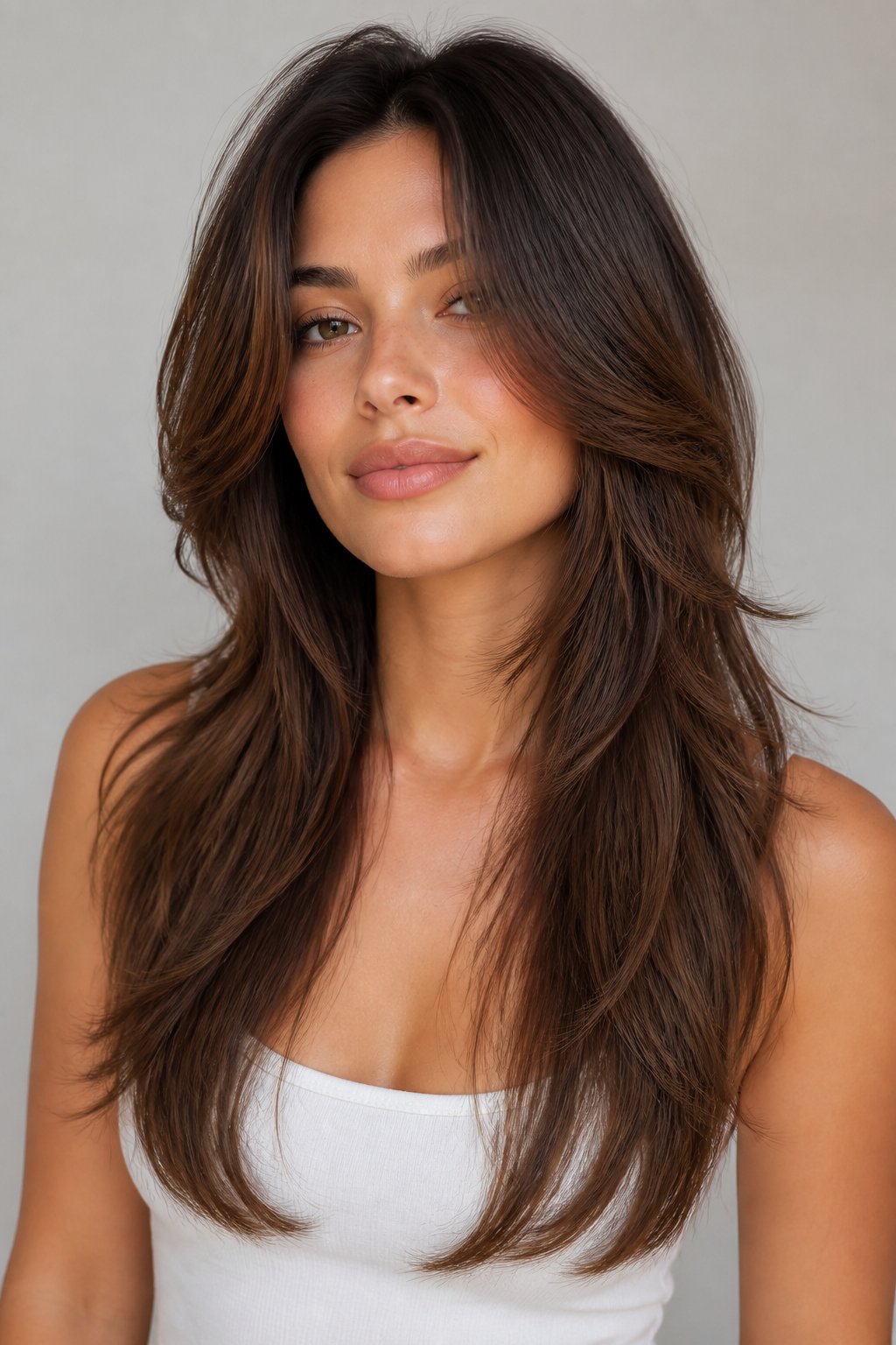 Soft wolf cut hairstyle example: Long Wolf Cut With Face-Framing Layers.