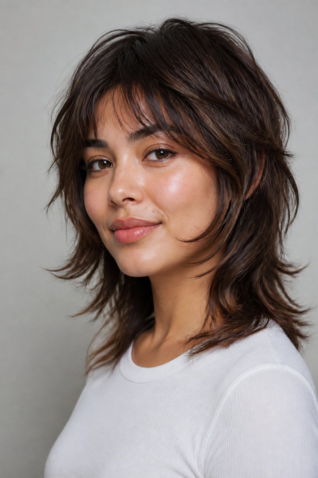 Soft wolf cut hairstyle example: Rounded Face-Framing Pieces.