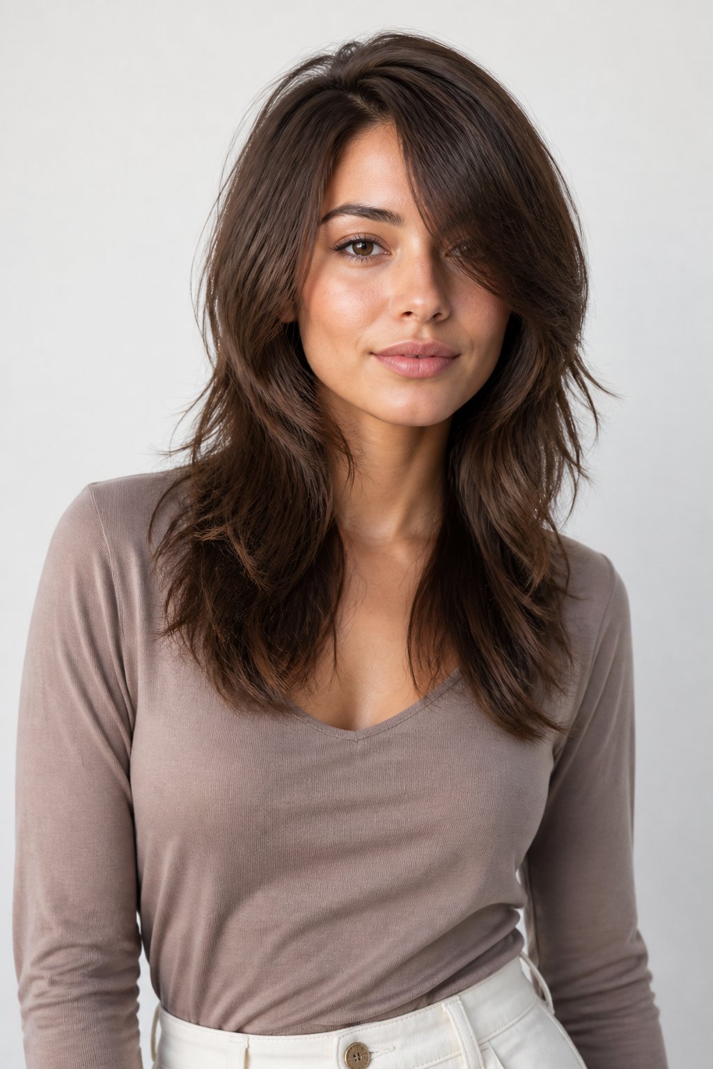Soft wolf cut hairstyle example: Side-Swept Fringe With Textured Layers.