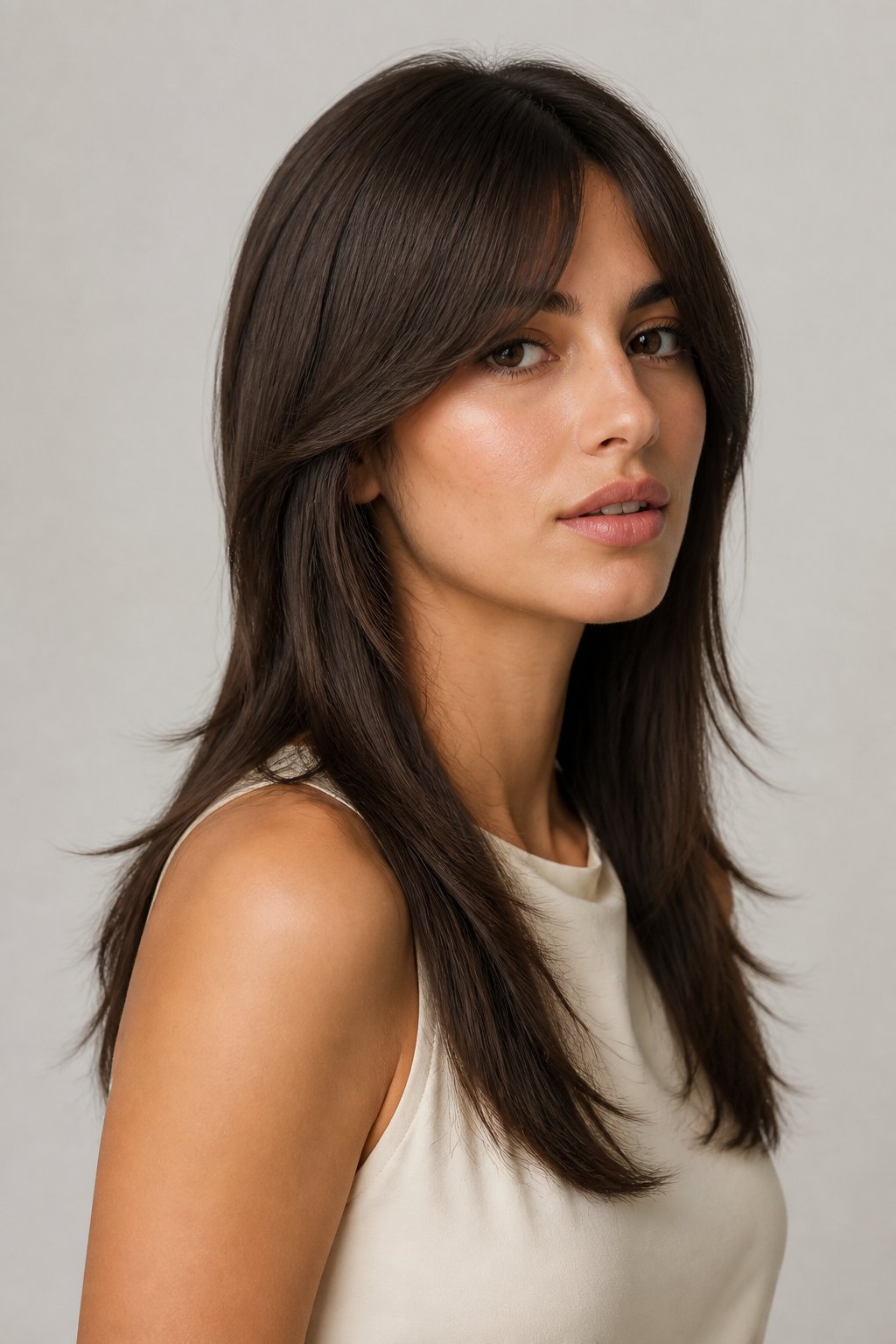 Soft wolf cut hairstyle example: Sleek Textured Wolf Cut for Straight Hair.