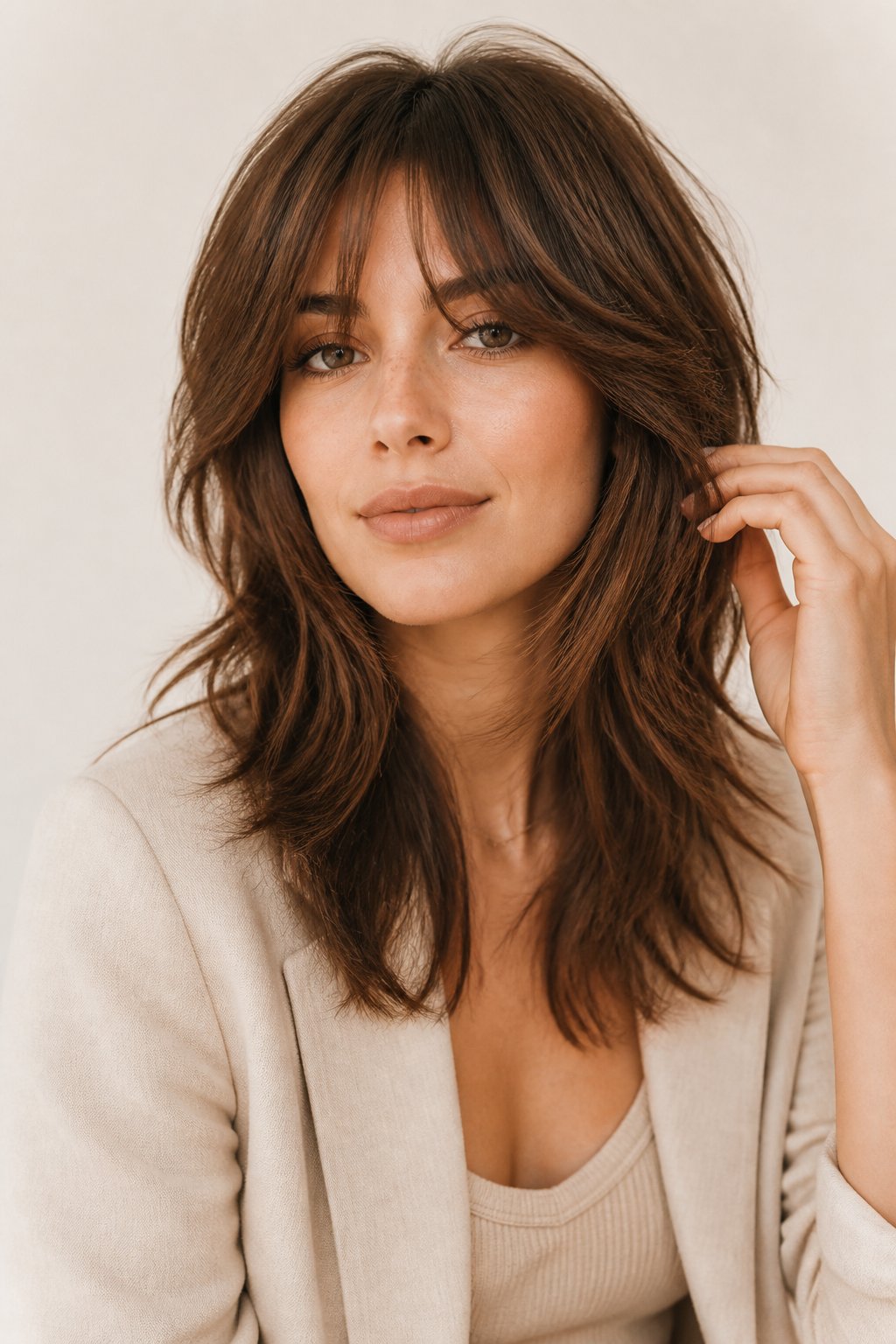 Soft wolf cut hairstyle example: Soft Bangs and Face-Framing Variations.