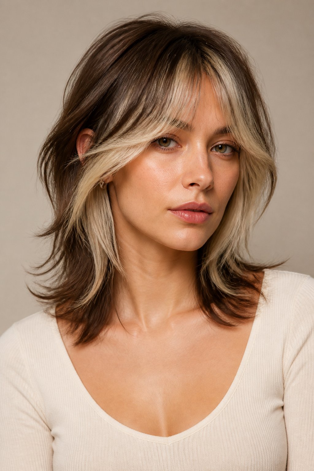 Soft wolf cut hairstyle example: Soft Wolf Cut With Bright Face-Framing Color.