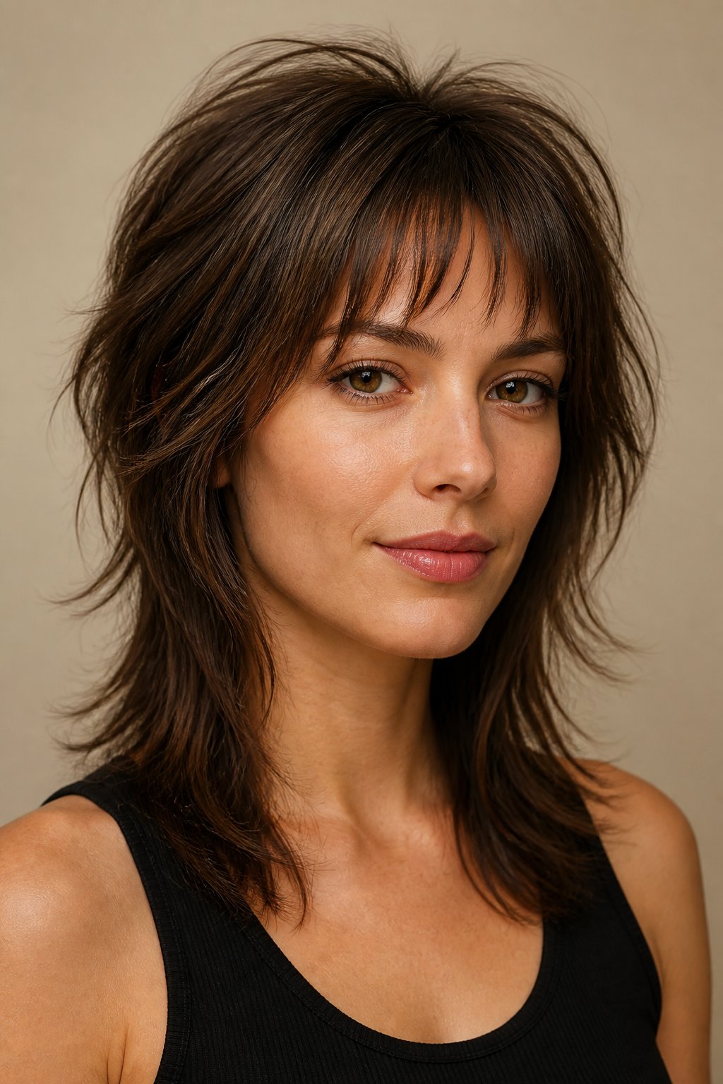 Soft wolf cut hairstyle example: Soft Wolf Cut With Delicate Baby Bangs.