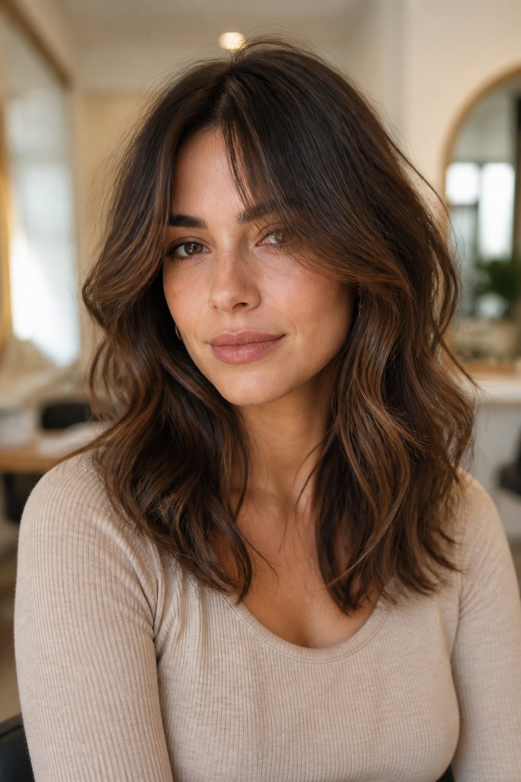 Soft wolf cut hairstyle example: Tousled Waves With Curtain Fringe.