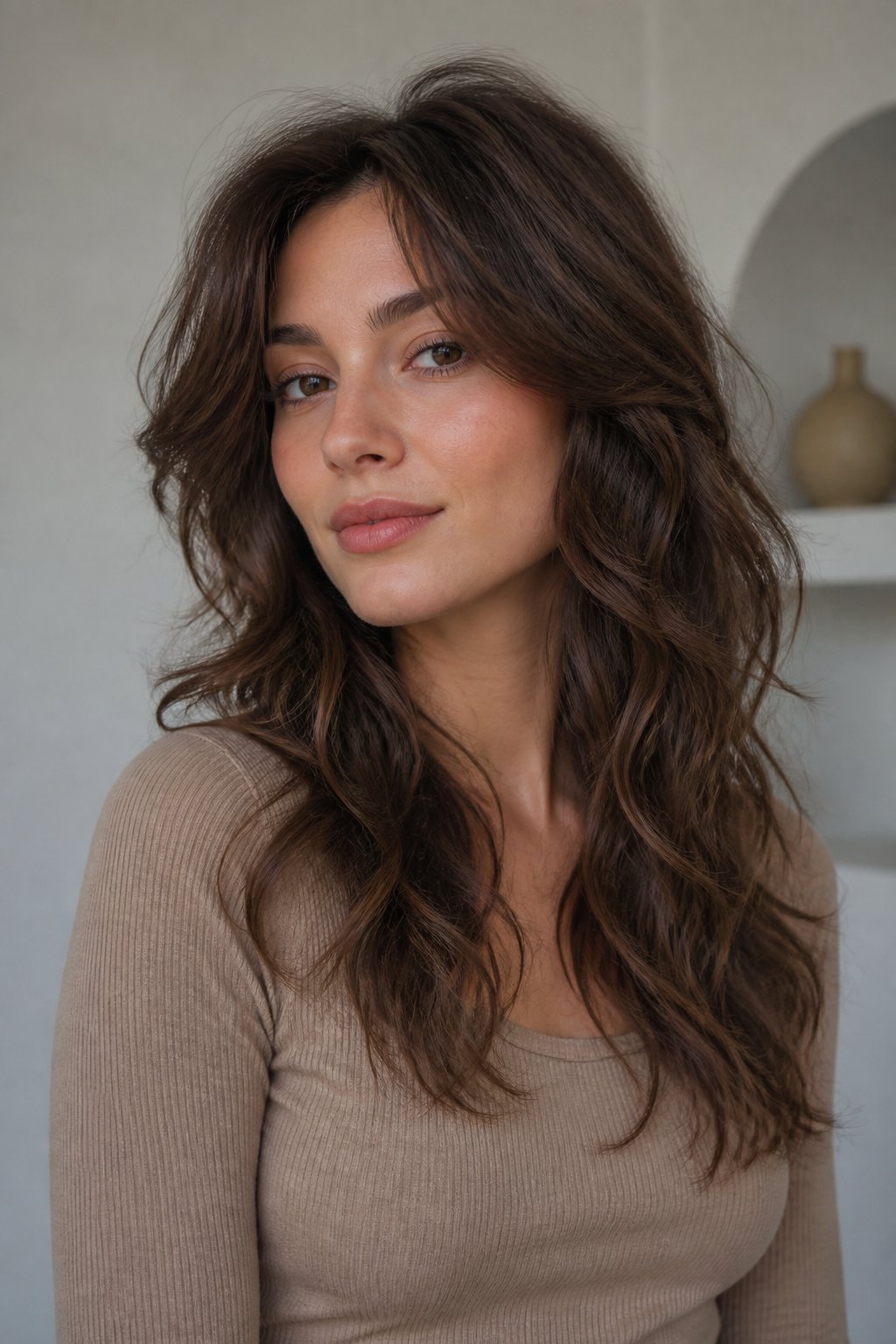 Soft wolf cut hairstyle example: Wavy Hair Wolf Cut With Soft Definition.