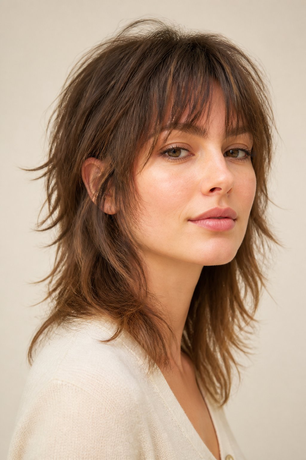 Soft wolf cut hairstyle example: Wispy Bangs With Soft Shaggy Layers.