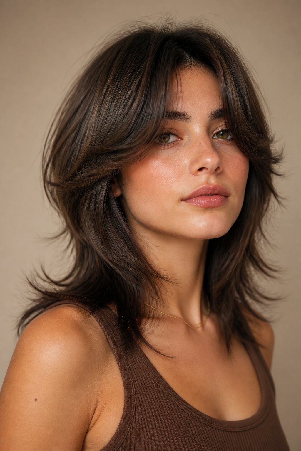 Soft wolf cut hairstyle example: Wolf Cut With Curtain Bangs.