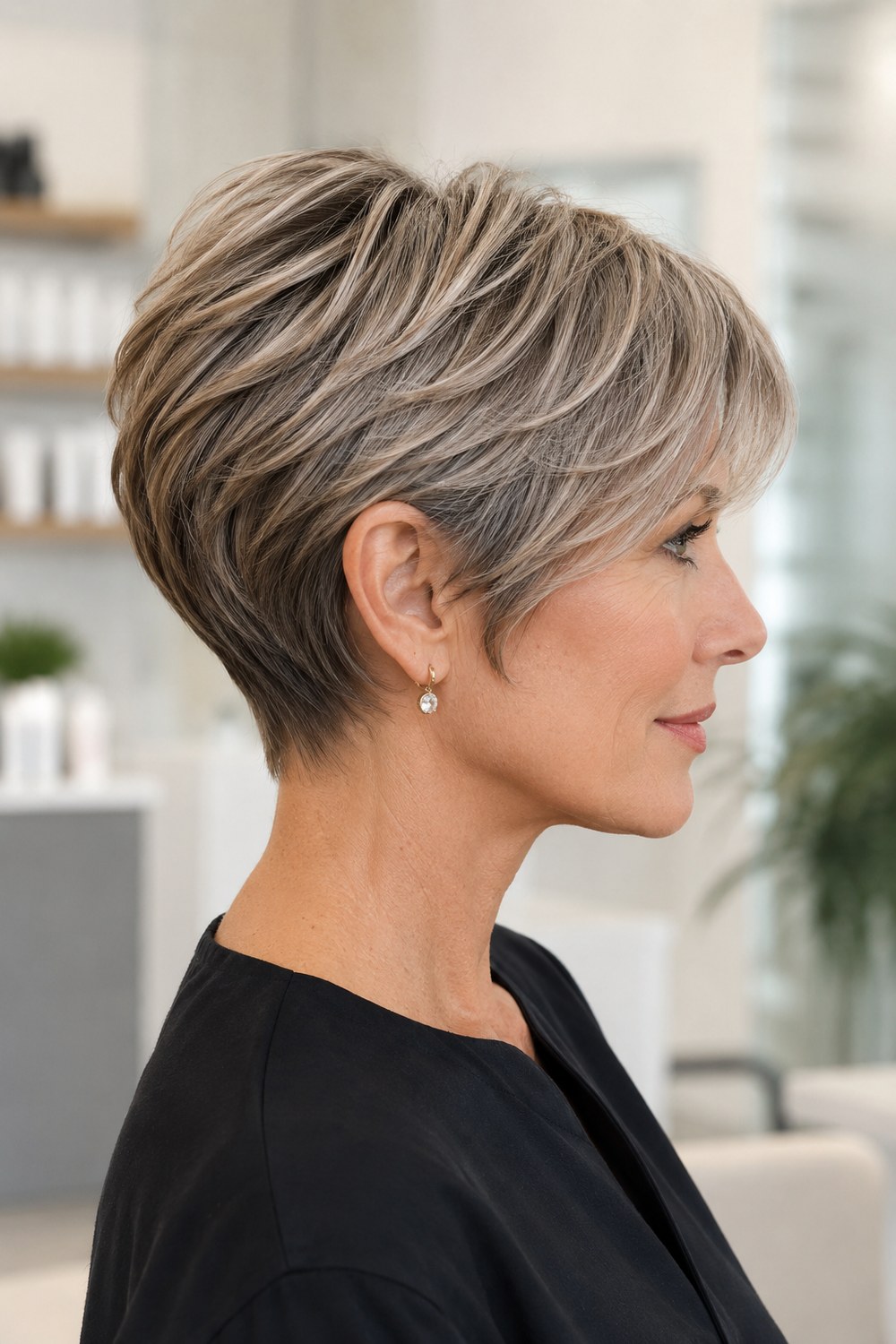 Softly stacked silver pixie bob with internal layering that controls bulk around the sides and nape.