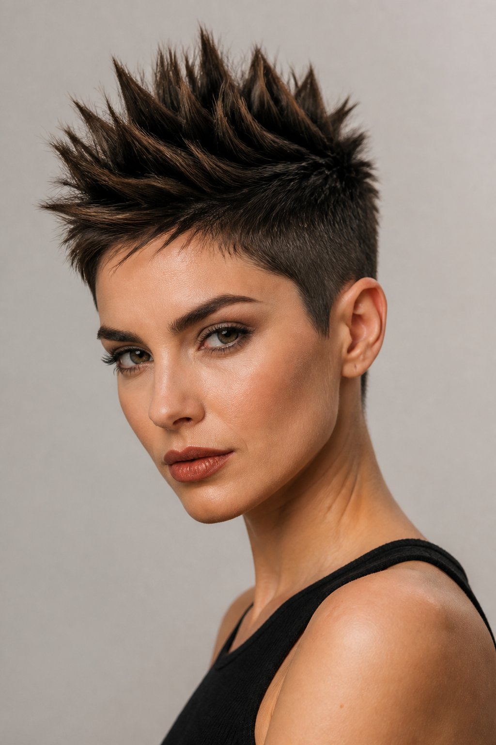 Spiky pixie haircut with textured pointed pieces, added crown height, and neatly cropped sides.