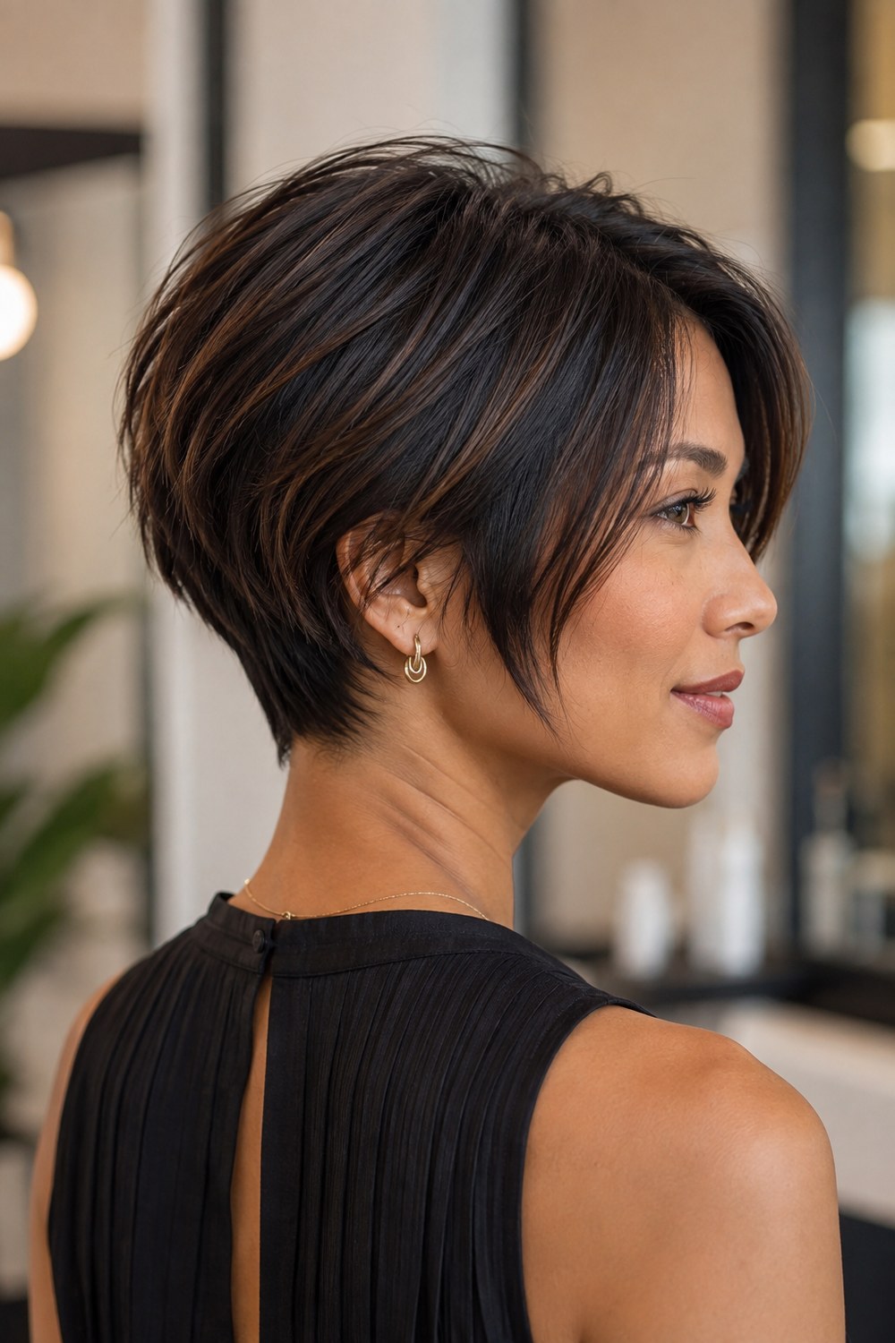 Stacked pixie bob with longer face-framing front pieces and a graduated nape for shape and lift.