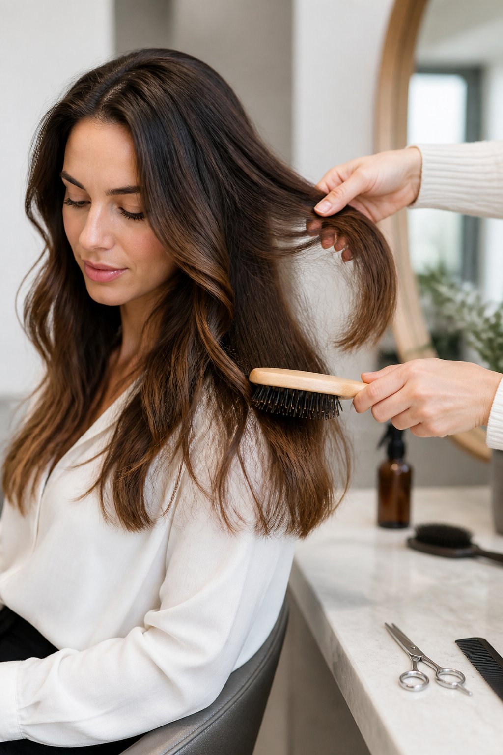 Stylist gently detangling and preparing fine hair for a regular trim, with scissors and hair-care tools nearby.