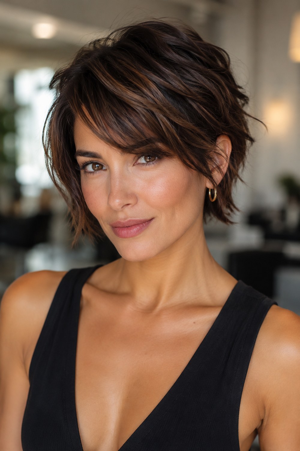 Tapered pixie bob with a longer textured crown, side-swept bangs, and gradually shortened sides and nape.