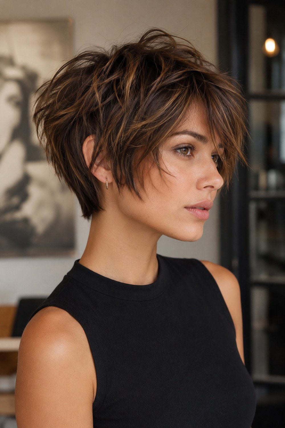 Textured choppy pixie crop with uneven layers, piecey ends, and tousled crown volume.