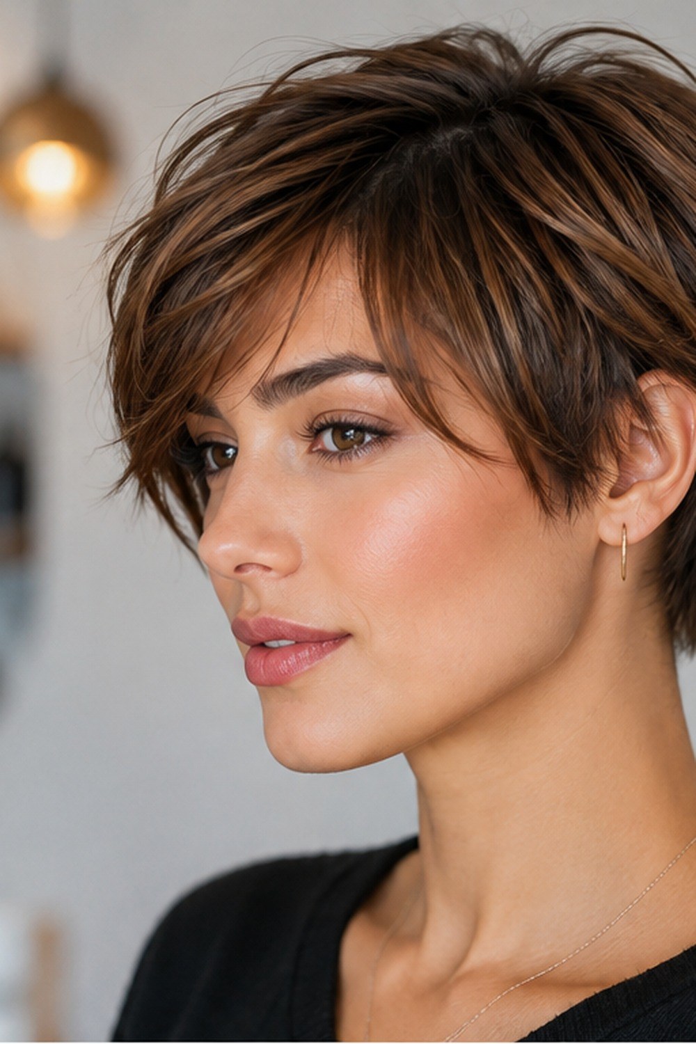 Textured pixie bob with warm brown highlights, side-swept fringe, and a softly tapered nape.