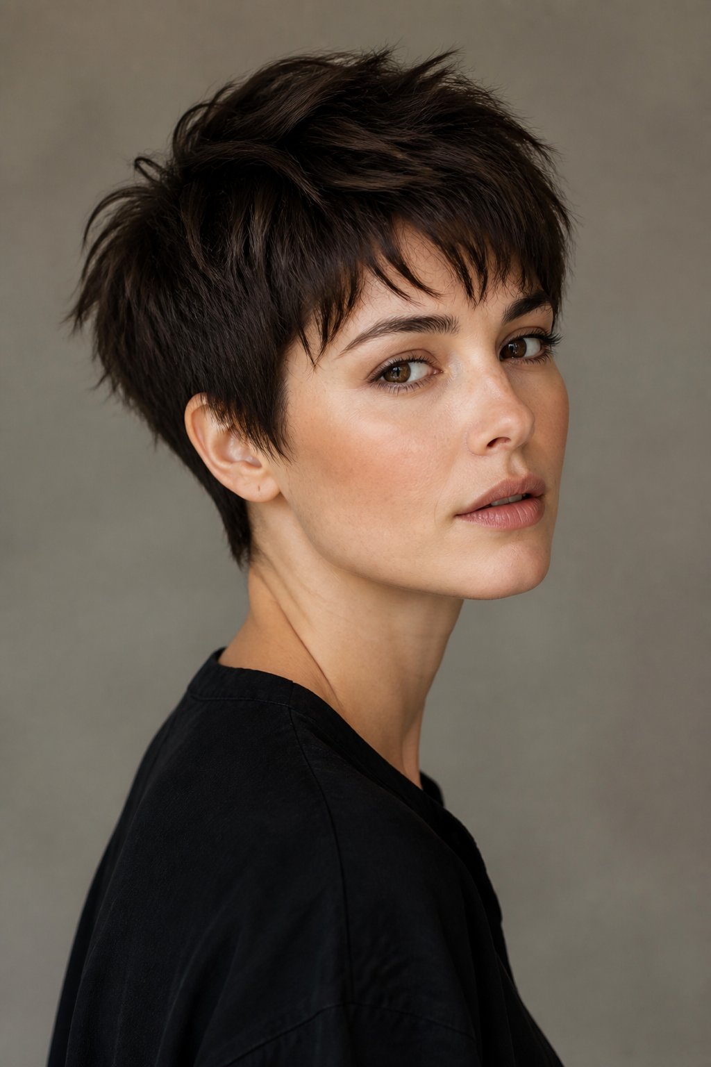 Textured pixie haircut with choppy uneven layers and separated pieces for an effortlessly tousled finish.