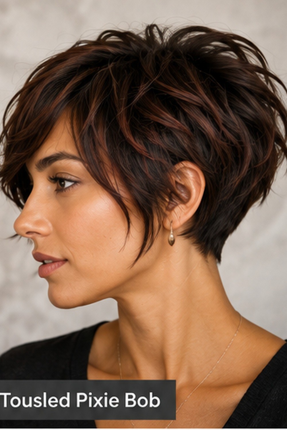 Tousled pixie bob with choppy crown layers, longer side pieces, and a relaxed textured finish.