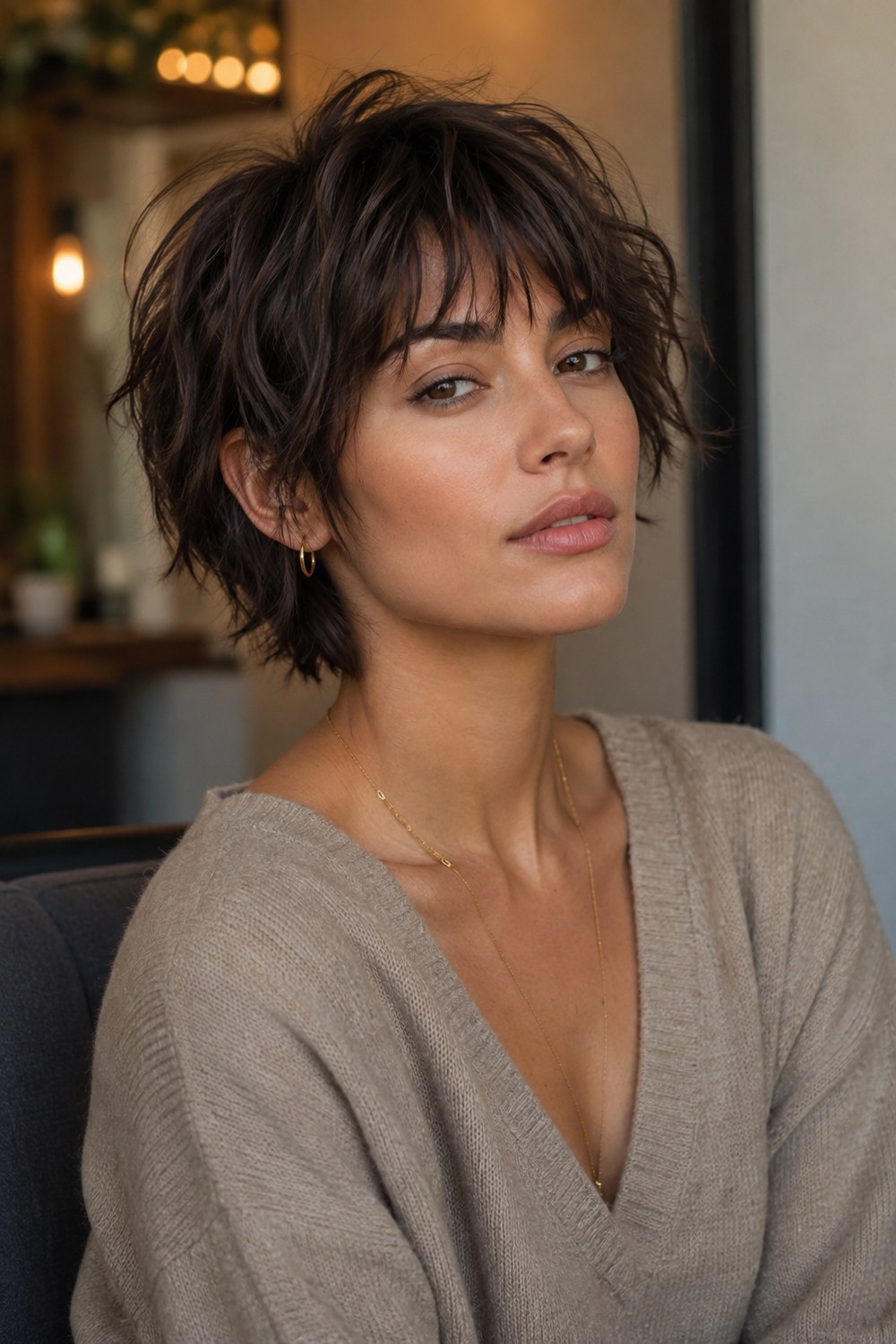 Tousled wavy pixie bob with airy layers and textured fringe that follows the hair's natural movement.