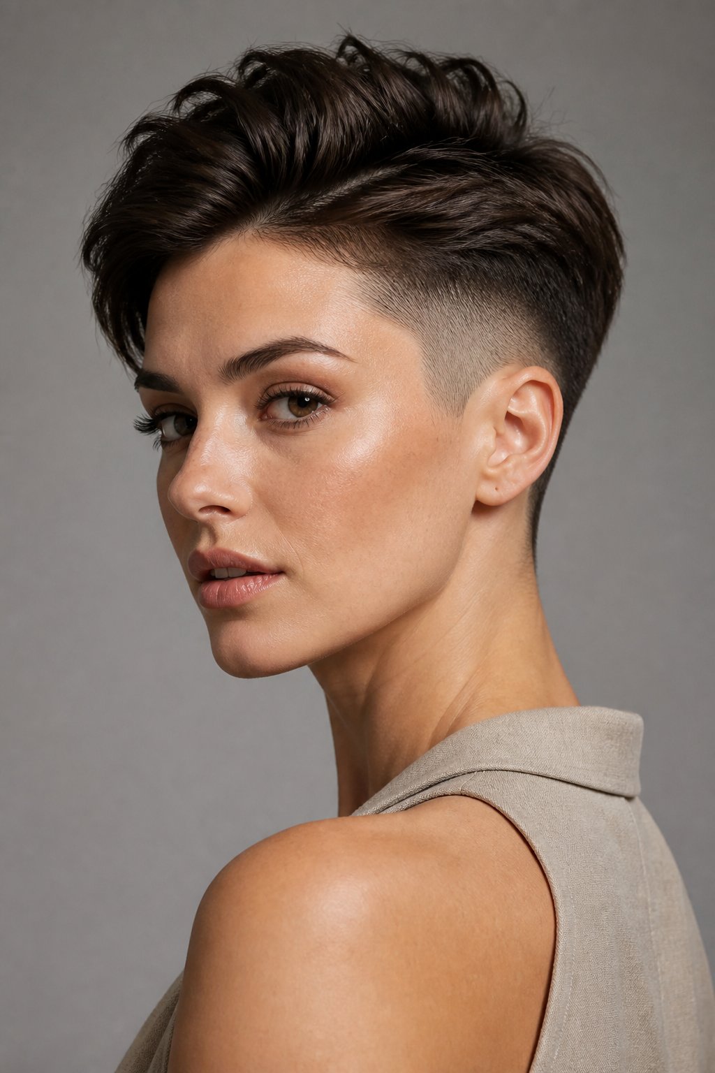 Undercut pixie haircut with closely cropped sides and back contrasted by a longer versatile top.