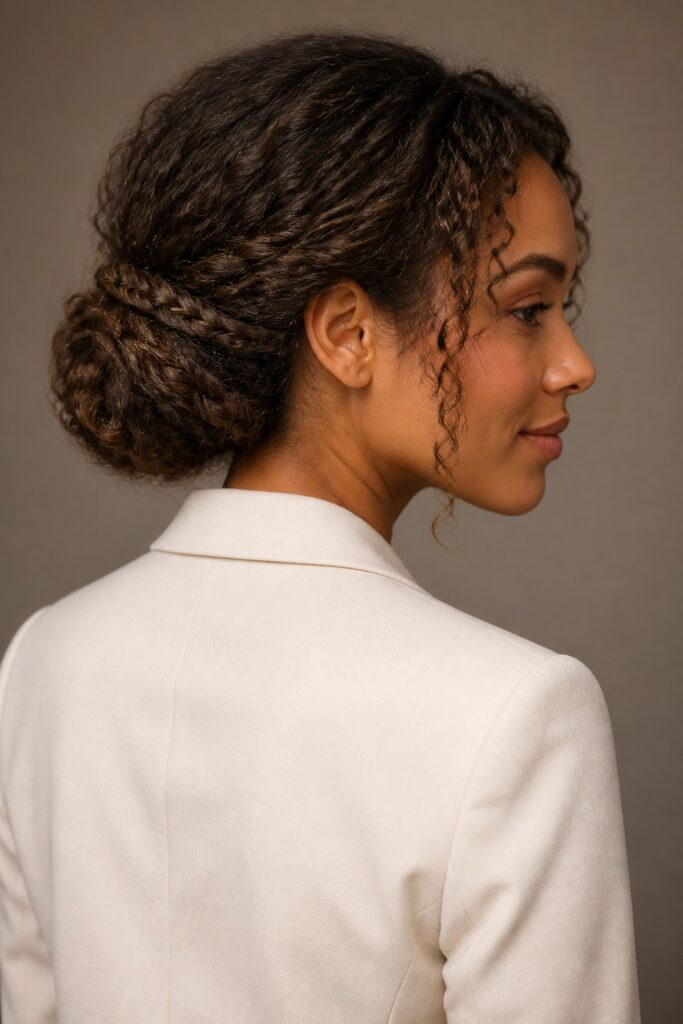A low bun with a braided wrap offers a sophisticated, understated elegance that's easy to wear from morning to night.