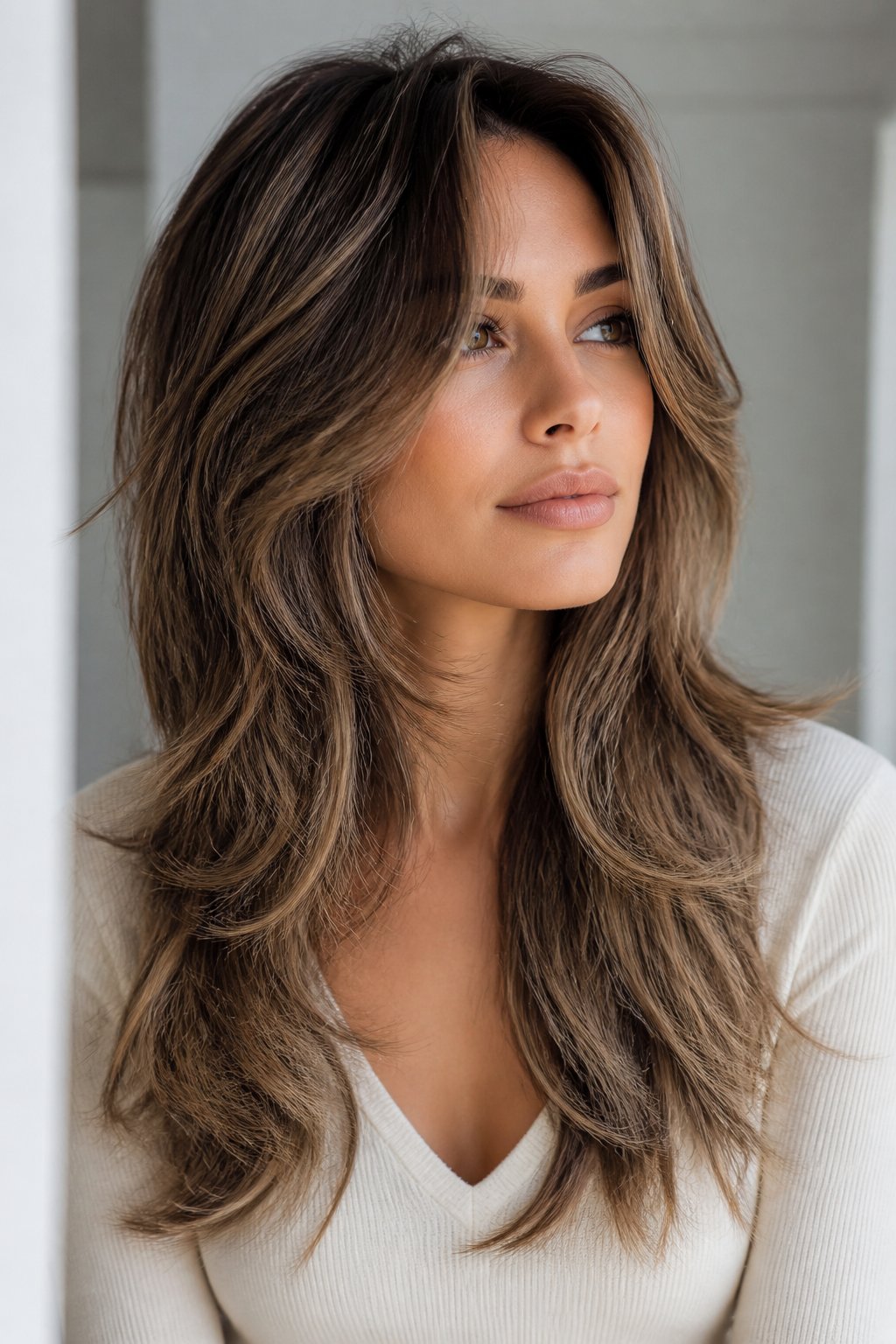 Balayage can make a layered wolf cut look softer because the color follows the movement of the hair.