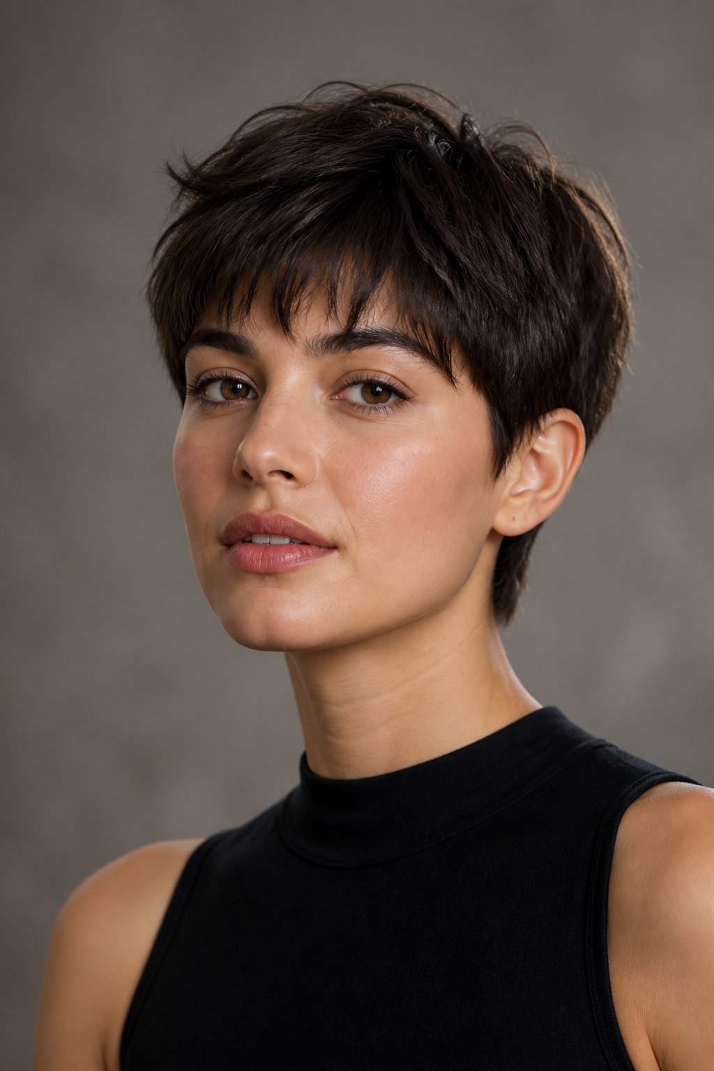 Woman with a choppy French crop featuring short textured layers and a soft fringe near the brow.