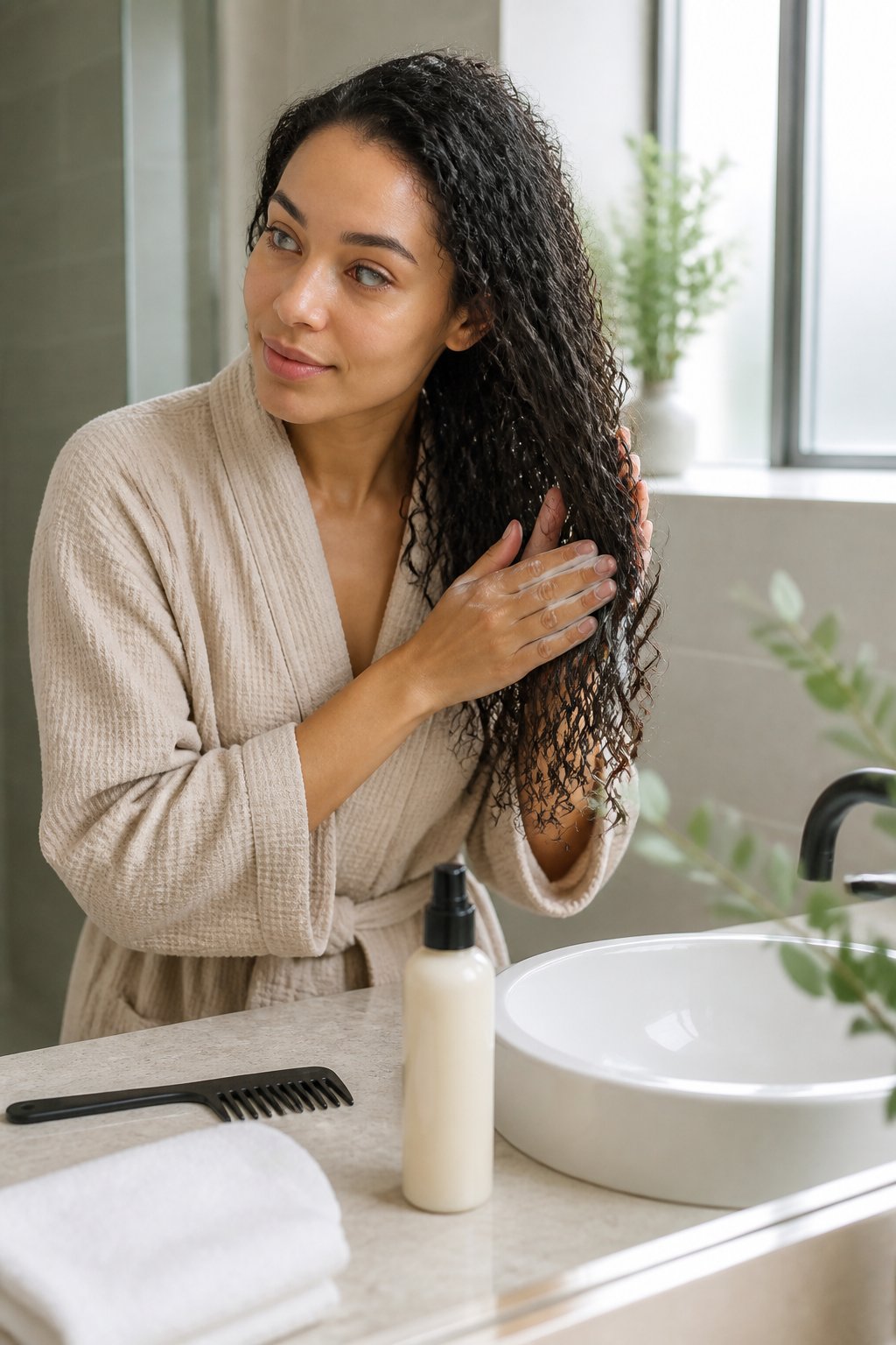 Detangle while your hair remains slippery and damp, not soaking wet. Divide thick hair into sections, begin at the ends, and work upward with your fingers or a wide-tooth comb.