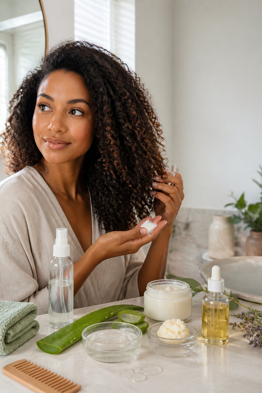 Select products based on how your hair feels and behaves. Aloe vera, glycerin, and hyaluronic acid attract or hold water, while oils and shea butter help slow moisture loss and improve softness.