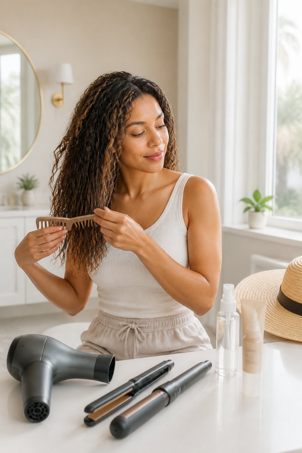 Limit heat styling whenever possible. Frequent use of a blow dryer, flat iron, or curling iron can make dry hair feel rougher and more fragile.